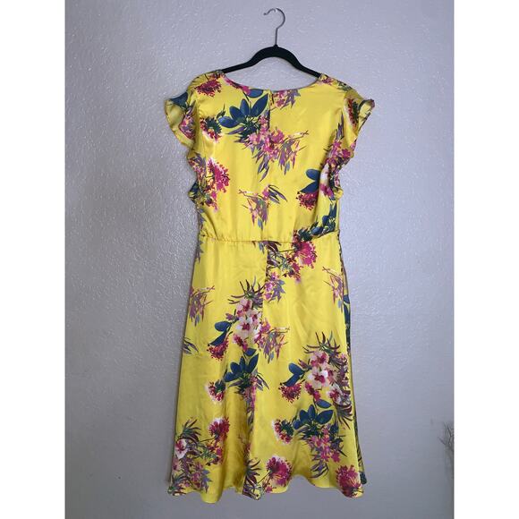 Julia Jordan Yellow Floral Dress size 10 Flutter Sleeve French Twill Midi - Picture 7 of 8